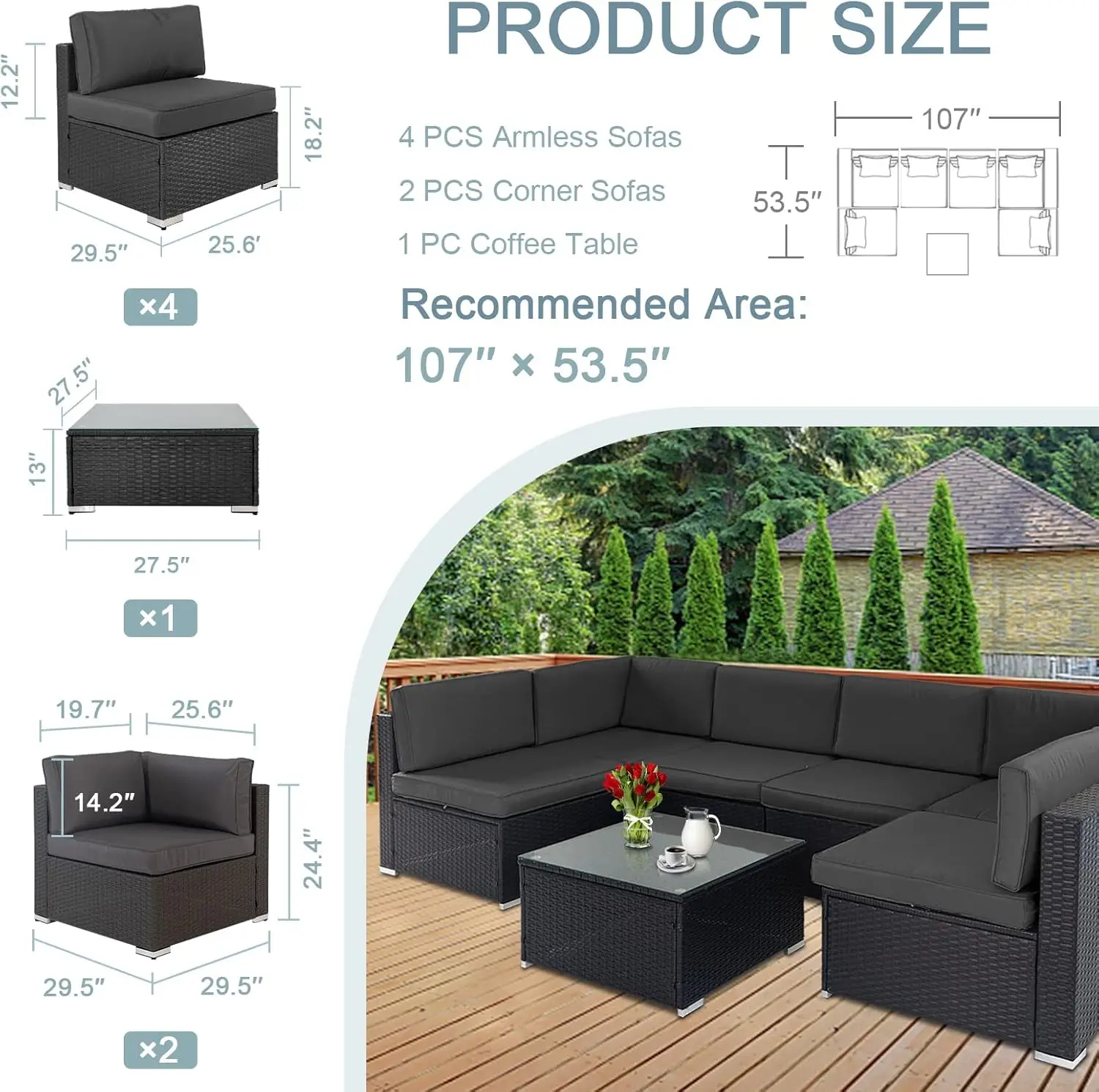 Conjunto de muebles de exterior para Patio, sofá Seccional de mimbre negro para todo tipo de clima, mesa de centro de vidrio moderno y cojín lavable, 7 piezas