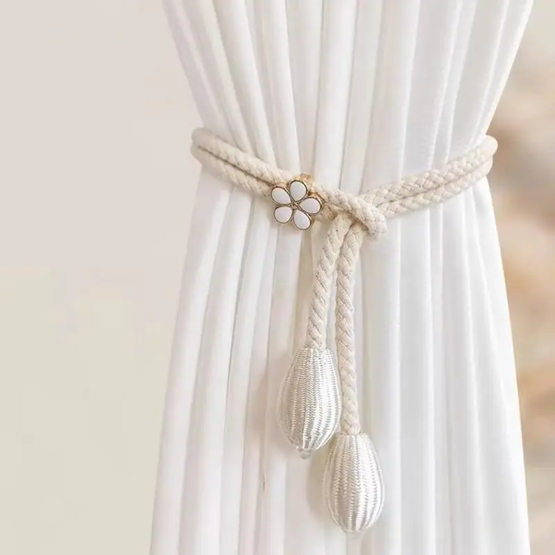 2Pcs Curtain Ties With Flower Buckles - Adjustable, No Drilling Cord Fixers For Elegant Home Decoration, Curtain Accessories