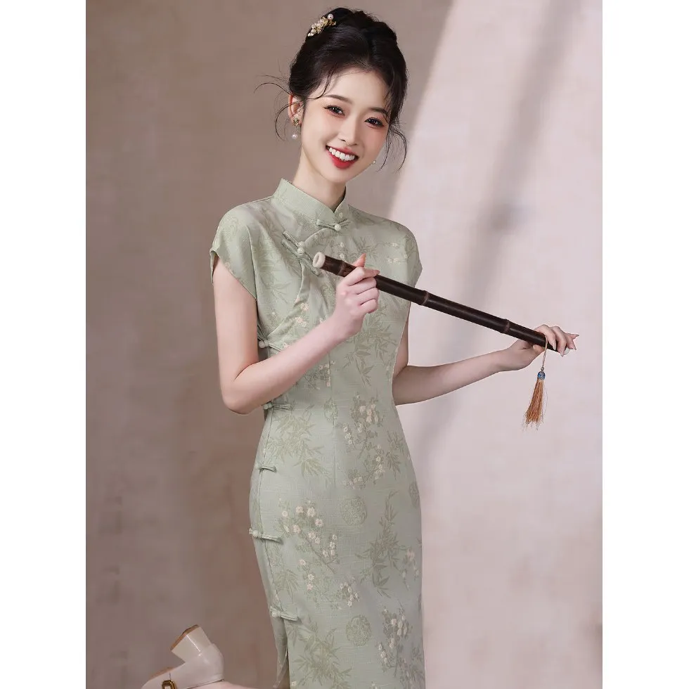 Traditional Chinese Green Cheongsam for Young Women Summer Simple Elegant Improved Qipao Mandarin Dress Вечерние Платья CH-244