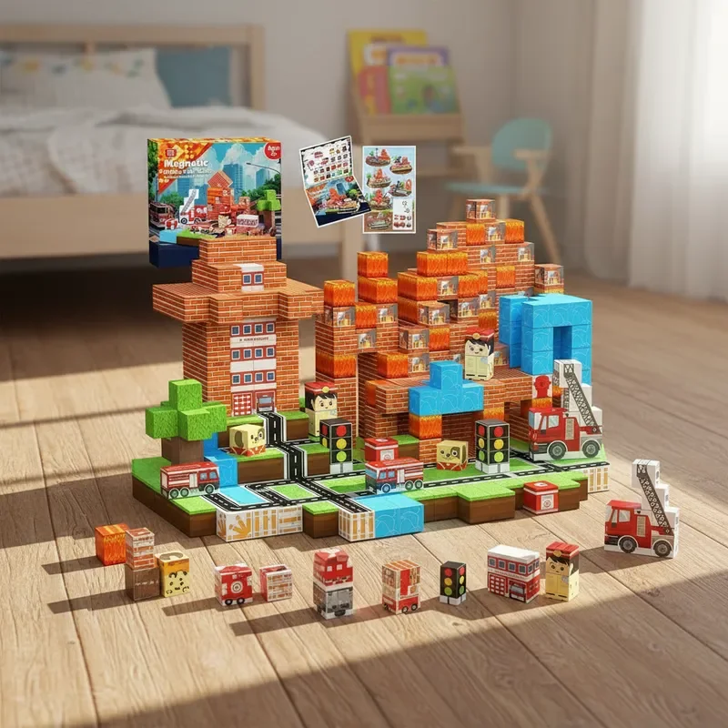 100 Stücke Magnetische Blöcke Stadt Einkaufen Thema Kostenlose Montage 3D DIY Kreative Dekor STEM Lernspielzeug Urlaub Geschenk Premium Box