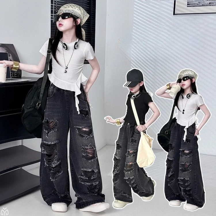 Girls Hip Hop Streetwear Set 2026 Summer Irregular Crop Top High Waist Hole Denim Pants Kids Jazz Dance Catwalk Fashion Clothes