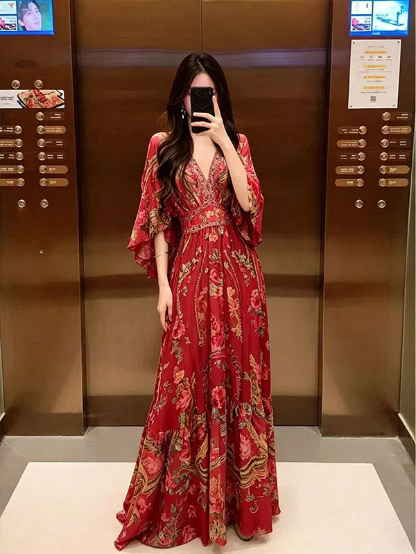 Red Floral Print V-Neck Waist-Cinching Dress Women's plus Size Long Dress Holiday Style High-End Feel Standard Fit Maxi Dress