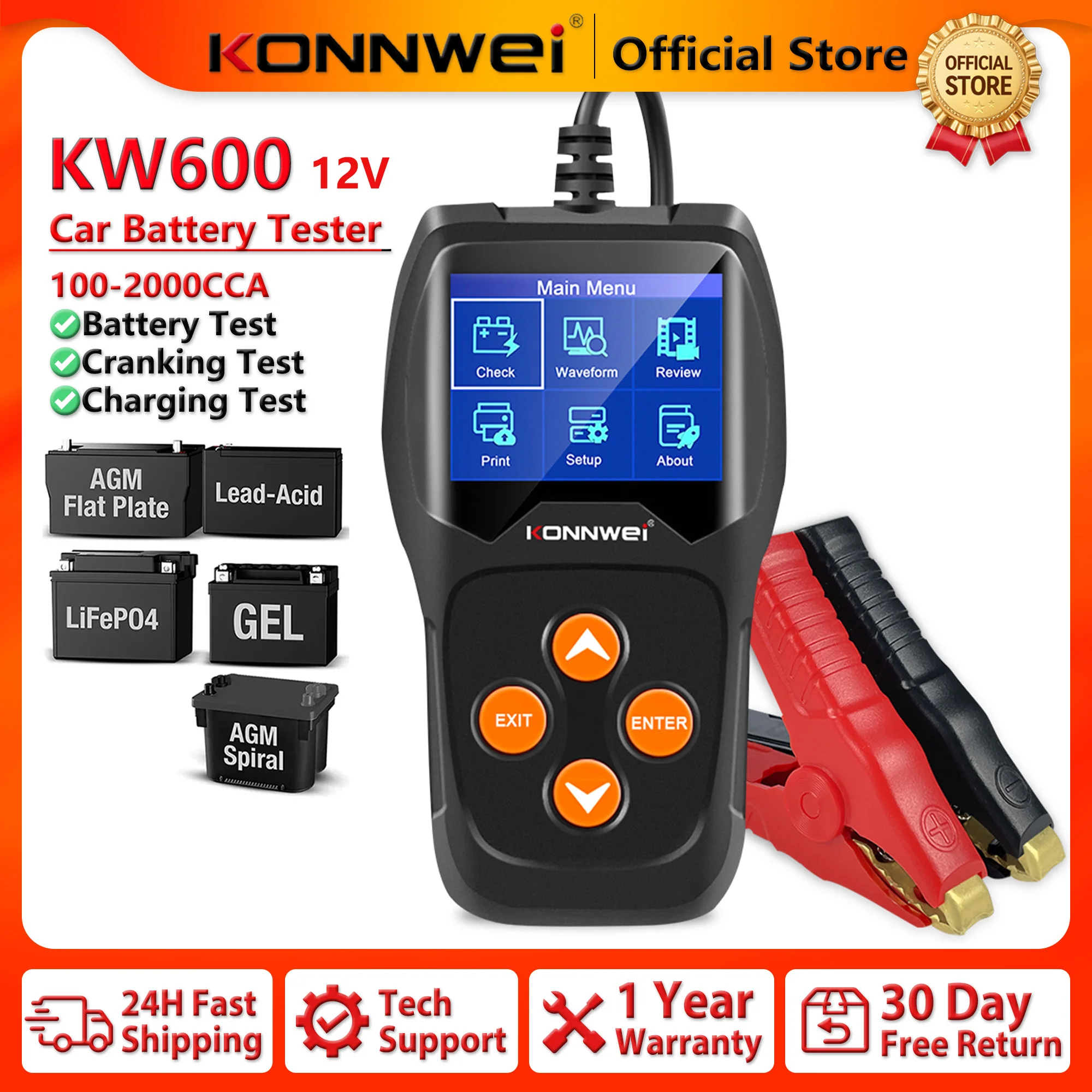KONNWEI KW600 Professional Car Battery Tester 12V Battery Health Monitoring Cranking Charging Test Tool for GEL EFB AGM Battery
