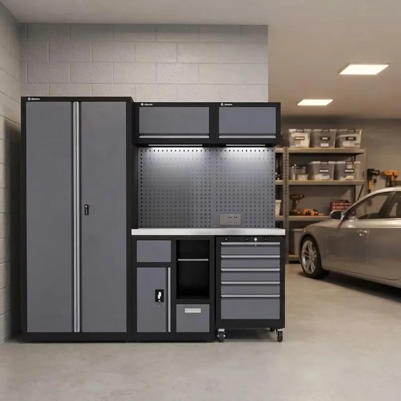 Modular Industrial Tool Cabinet Workbench with Tall Side Storage Drawers Perforated Wall Panel and Upper Cabinets