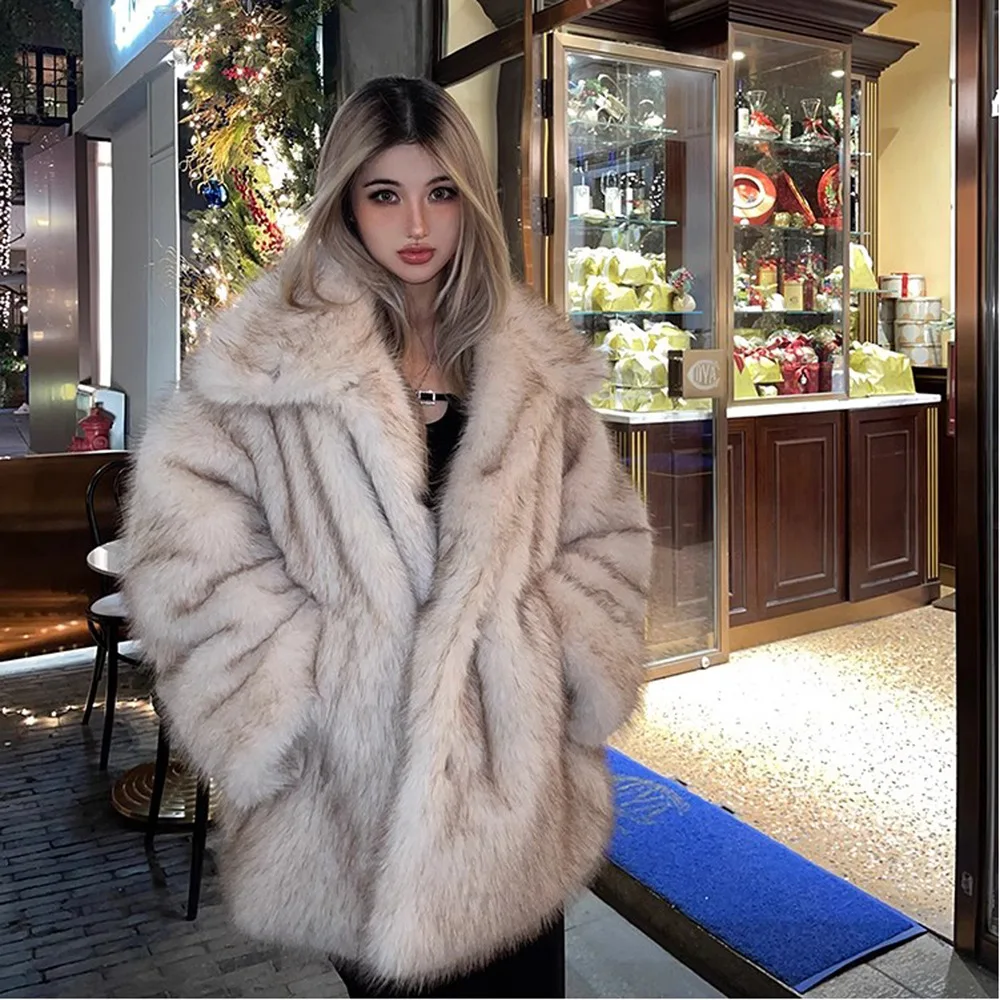 

Woman's Winter Warm Fur Coat Trench Coat Faux Fox Fur Mid-length Lapel Coat Thick Windproof Coats Women Jacket Harajuku