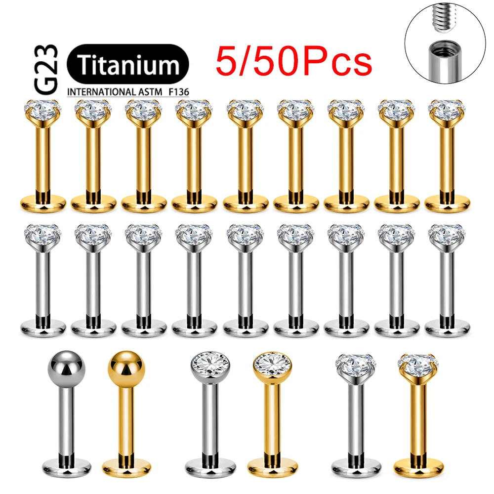 5//50Pcs ASTM F136 Titanium 18G/16G Internal Teeth Labret Stud CZ Cartilage Earring Helix Tragus Nose Stud Piercing Body Jewelry