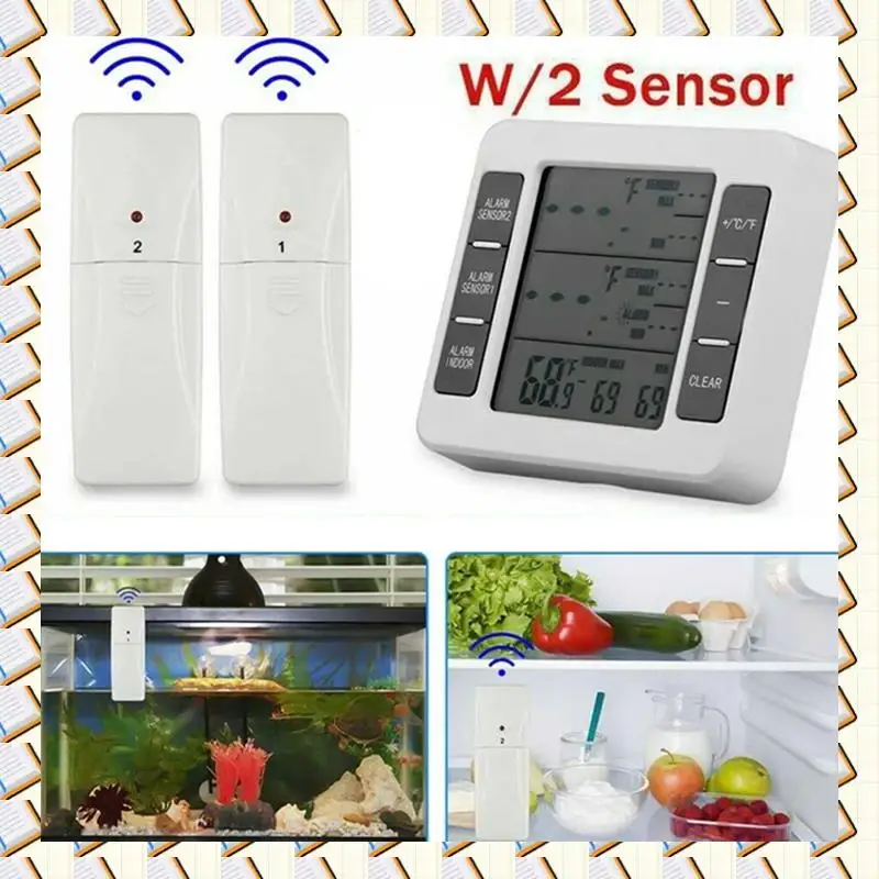 

A14M 2 комплекта беспроводной термометр для морозильной камеры 2 дистанционного датчика будильник низкотемпературный термометр для холодильника часы