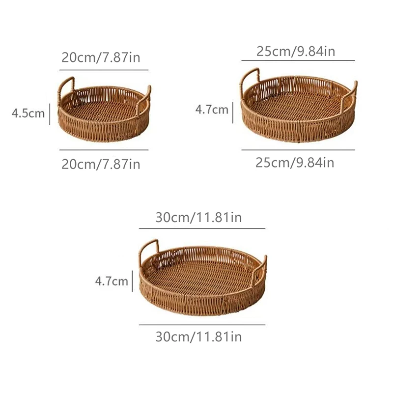 Food Plate Handwoven Plastic Imitation Rattan Storage Tray Round Shape Fruit Vegetable Cake Storage Basket With Handle