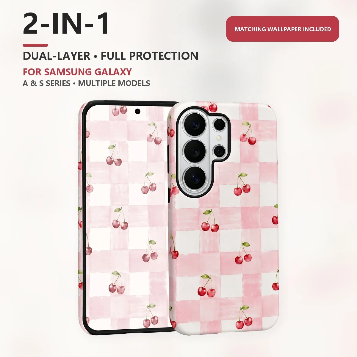 Watercolor Cherry Pattern 2-in-1 Dual-Layer Phone Case for Samsung Galaxy S26 S25 S24 Plus Ultra FE S20 FE A56 A17 A16 A15