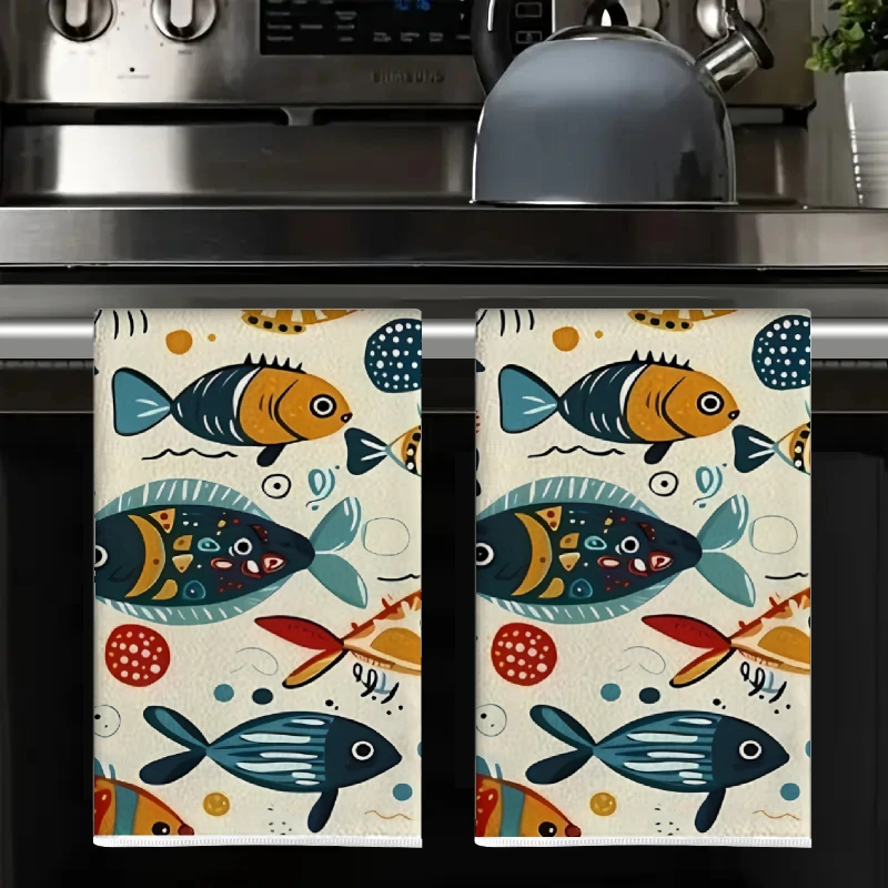 2Pcs, Cartoon Tropical Fish Kitchen Towels, 40Cm*60Cm Towel Set, Super Absorbent Soft Cleaning Cloth, Cooking and Baking Tea Towel, Hand Towel, Cleaning Cloth, Dishwashing Cloth, Kitchen Decoration, Living Room Decoration, Kitchen Essentials, Home Essentials