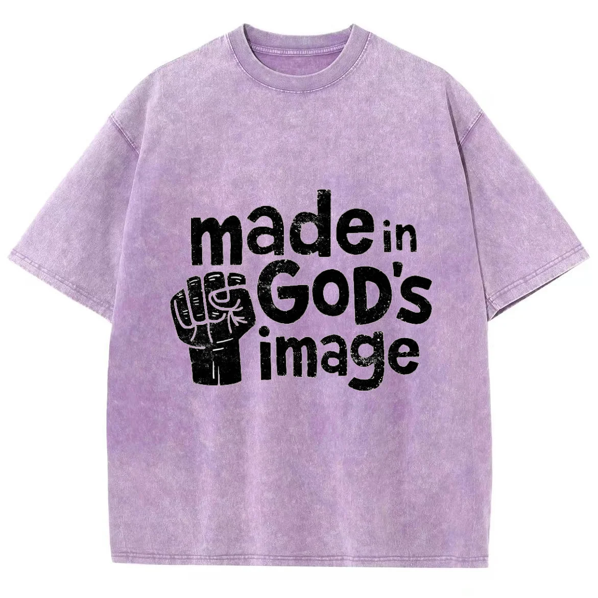 Made In God's Image Y2k Short Sleeves Washed T-Shirt, Creative Printed Unisex Vintage Streetwear New Fashion Casual Plus-Size