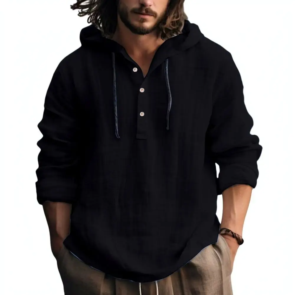 Mens Summer Hooded Shirt Linen Fabric Long Sleeve Pullover Casual Loose Fit Breathable Fashion Streetwear Tee