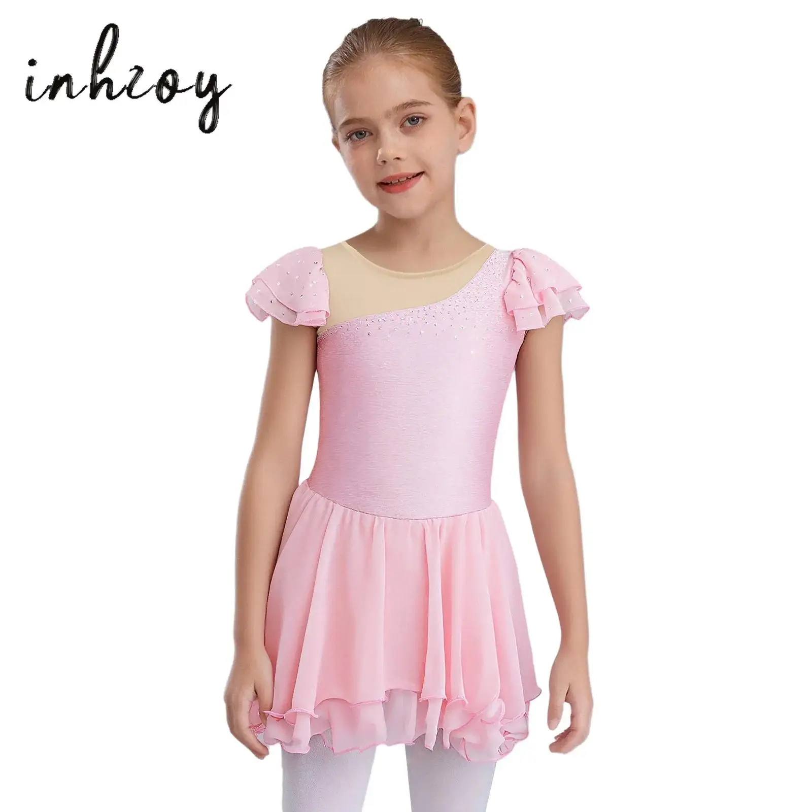 

Kids Girls Ballet Dress Ruffle Sleeves Sheer Mesh Patchwork Lettuce Hem Shiny Rhinestones Tutu Dress Ballerina Dance Competition
