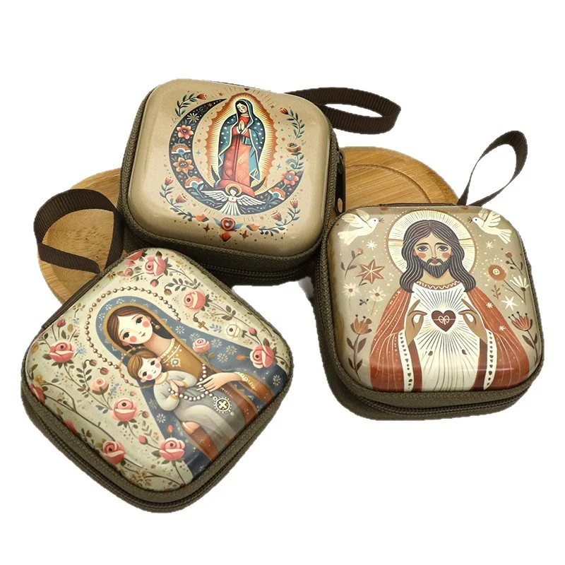 Cartera cuadrada de dibujos animados de Jesús, monedero de la Virgen María, joyero con cuentas, bolsa para auriculares, recuerdos de iglesia, bolsa de Cristo