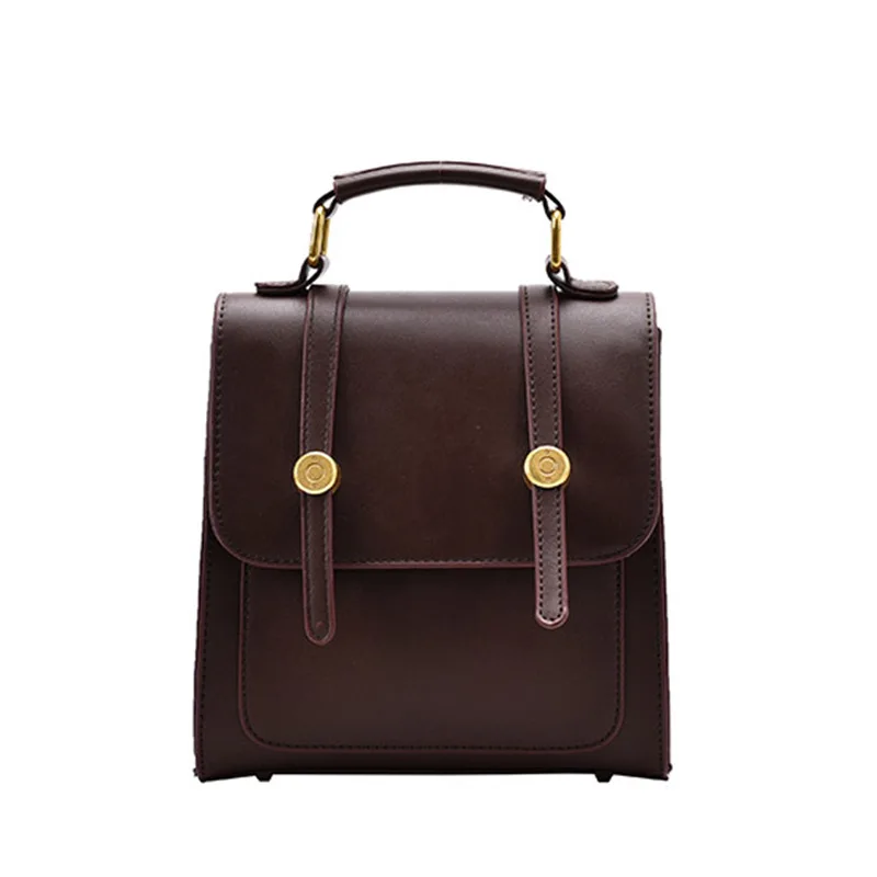 

2024 Leather Retro Backpack British Diagonal Strap Buckle Small Square Bag Commuter Student Brown Small Backpack New Style