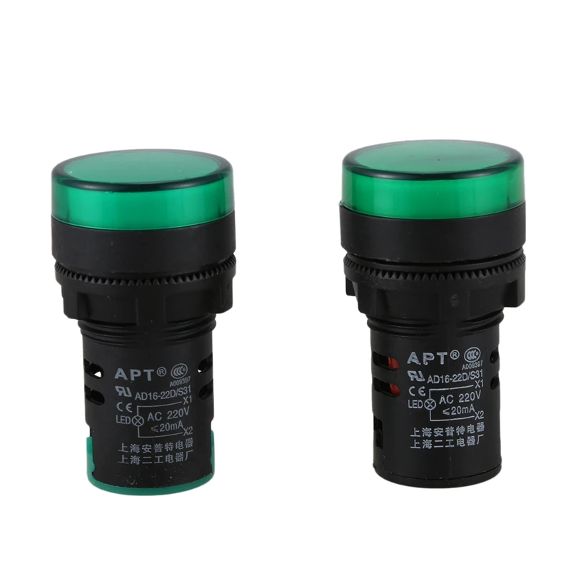 

B69C-2 Pcs AC220V Green LED Power Indicator Pilot Signal Light Lamp 22Mm Dia