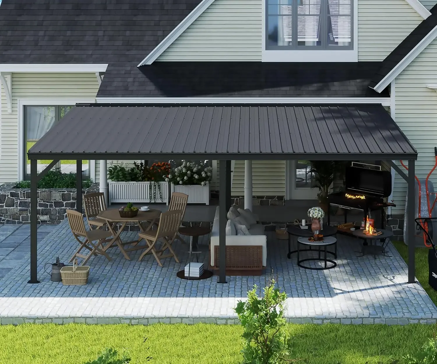 Domi 12’x20’ Lean-to Gazebo, Hardtop Wall-Mounted Gazebo Pergola with Sloping Galvanized Steel Roof and Upgraded Drainage System