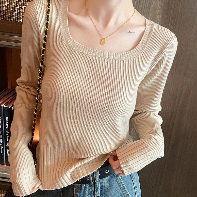 Jesienno-zimowy modny sweter Slim Knitted Pullover Women Square Collar Soft Solid Jumper Casual All Match Female Tops 2024 New