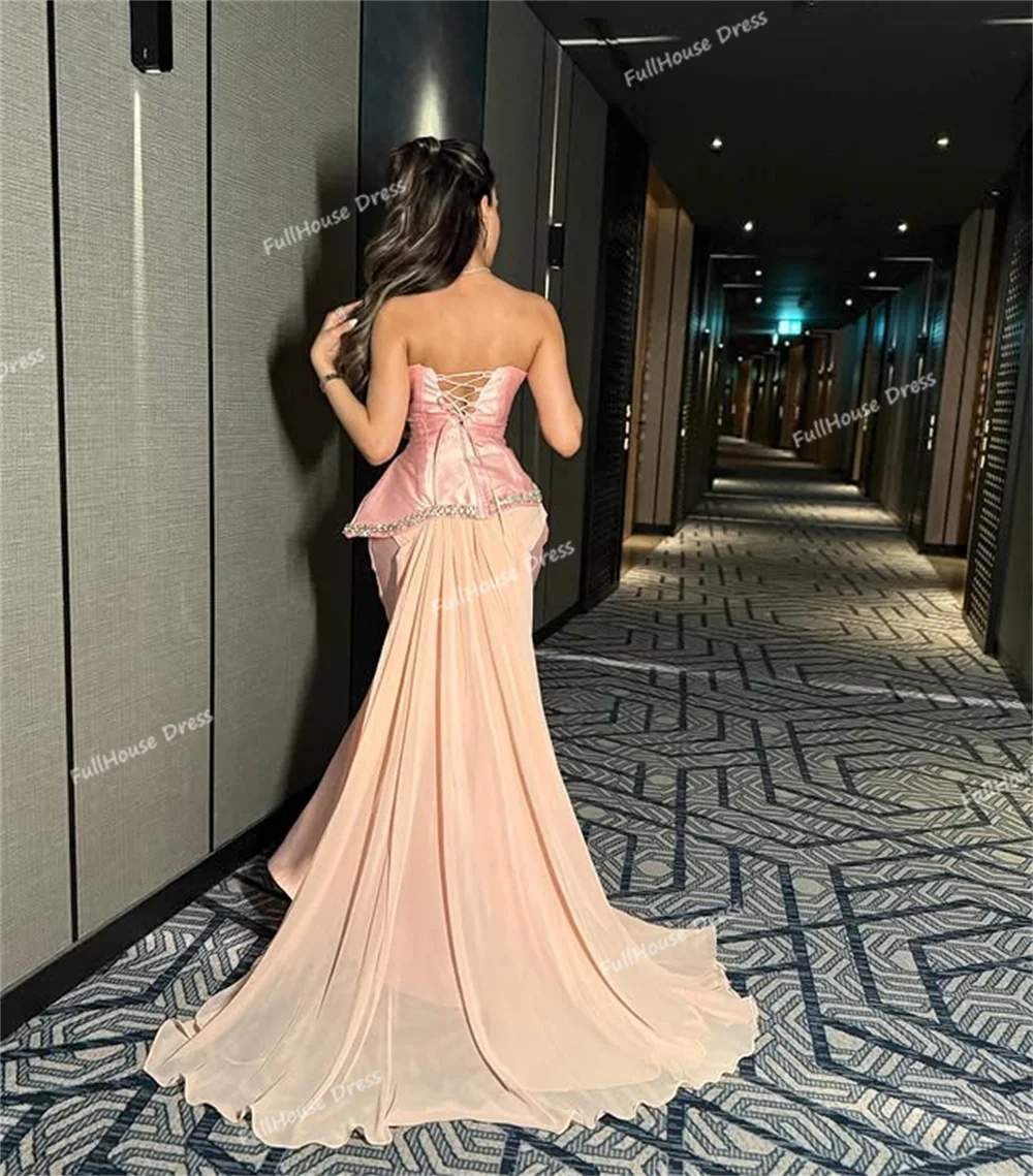 Nach Maß Luxus Zwei Stücke Trägerlosen Perlen Sexy Meerjungfrau Lace up Zurück Langes Abendkleid mit Abnehmbarer Schleppe vestidos de