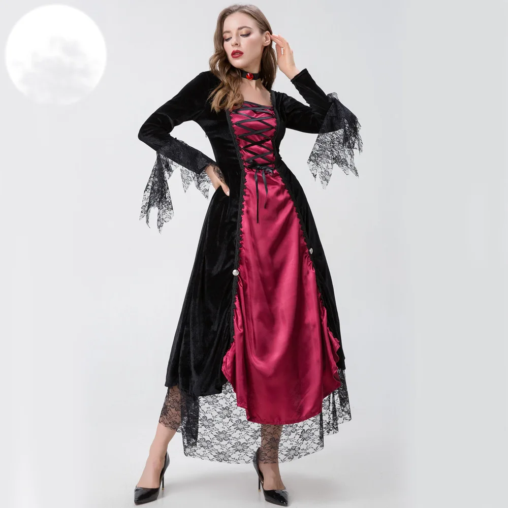 

Halloween Cosplay Vampire Costume Medieval Palace Party Queen Retro Gothic Lace Black Dress Witch Costume Stage Performance