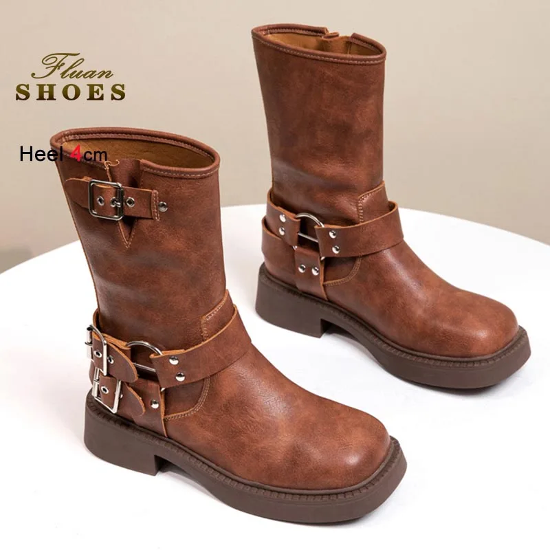 

Рыцарские сапоги в британском стиле, женская обувь, ботинки до середины икры из натуральной кожи с пряжкой, модные ковбойские сапоги в стиле вестерн на толстой платформе