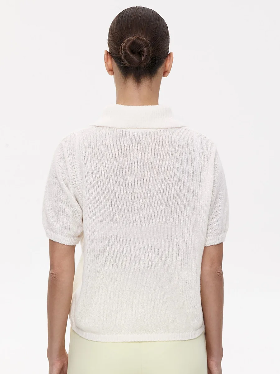Bronladies Damen Polo Hohlstrick Kurzarm Pullover Frühling Sommer Puffärmel T-Shirt Damen Einfacher Strickpullover – Detail 13