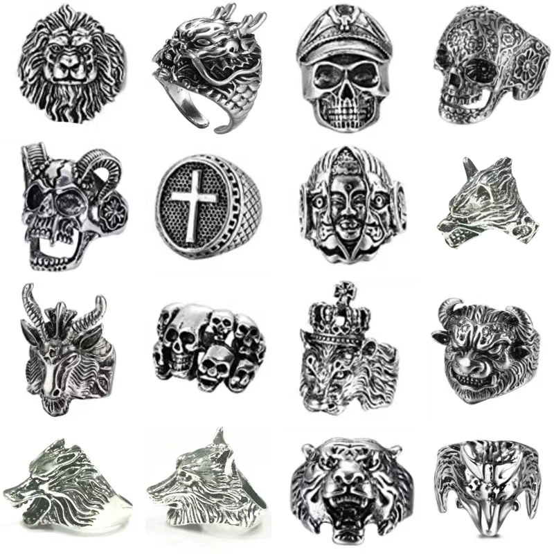 10Pcs/Lot Vintage Trend Alloy Men's Ring European And American Style Punk Hip-Hop Skull Wolf Head Finger Accessories Jewelry