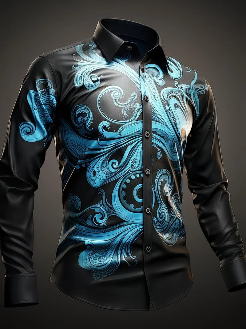 New men's 3D floral printed striped long sleeved shirt with sail pattern, high-quality casual long sleeved top