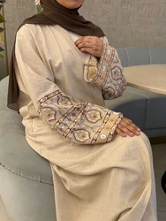 Abaya muçulmano bordado Liene algodão para mulheres, vestido Eid para o Ramadã, kaftan marroquino, cardigã de Dubai, túnica árabe, cardigã longo