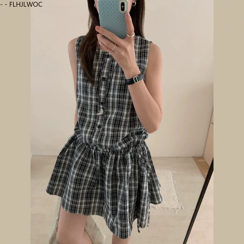 Shirring sem mangas peplum topos bonito doce japão meninas retro vintage babados camisas xadrez cintura fina chique y2k design blusas