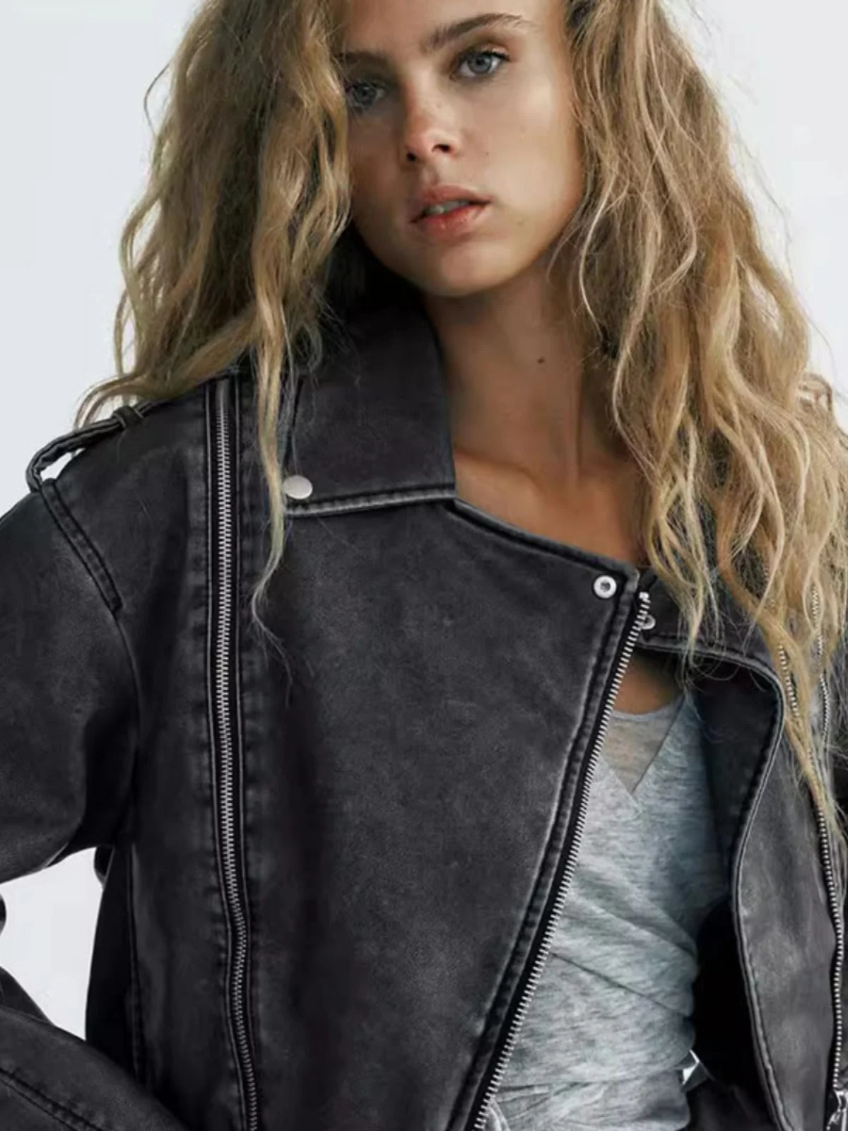 Sli usado em couro-look motociclista jaet feminino ort outerwear rua sle cor pura outono faion 2023 ajuste solto