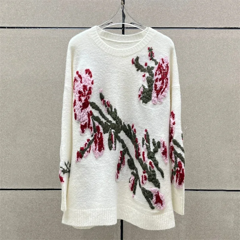 

Женский свитер, новый эластичный вязаный облегающий пуловер с круглым вырезом на лето 2022, рубашка с длинными рукавами и вышивкой розы, трикотаж