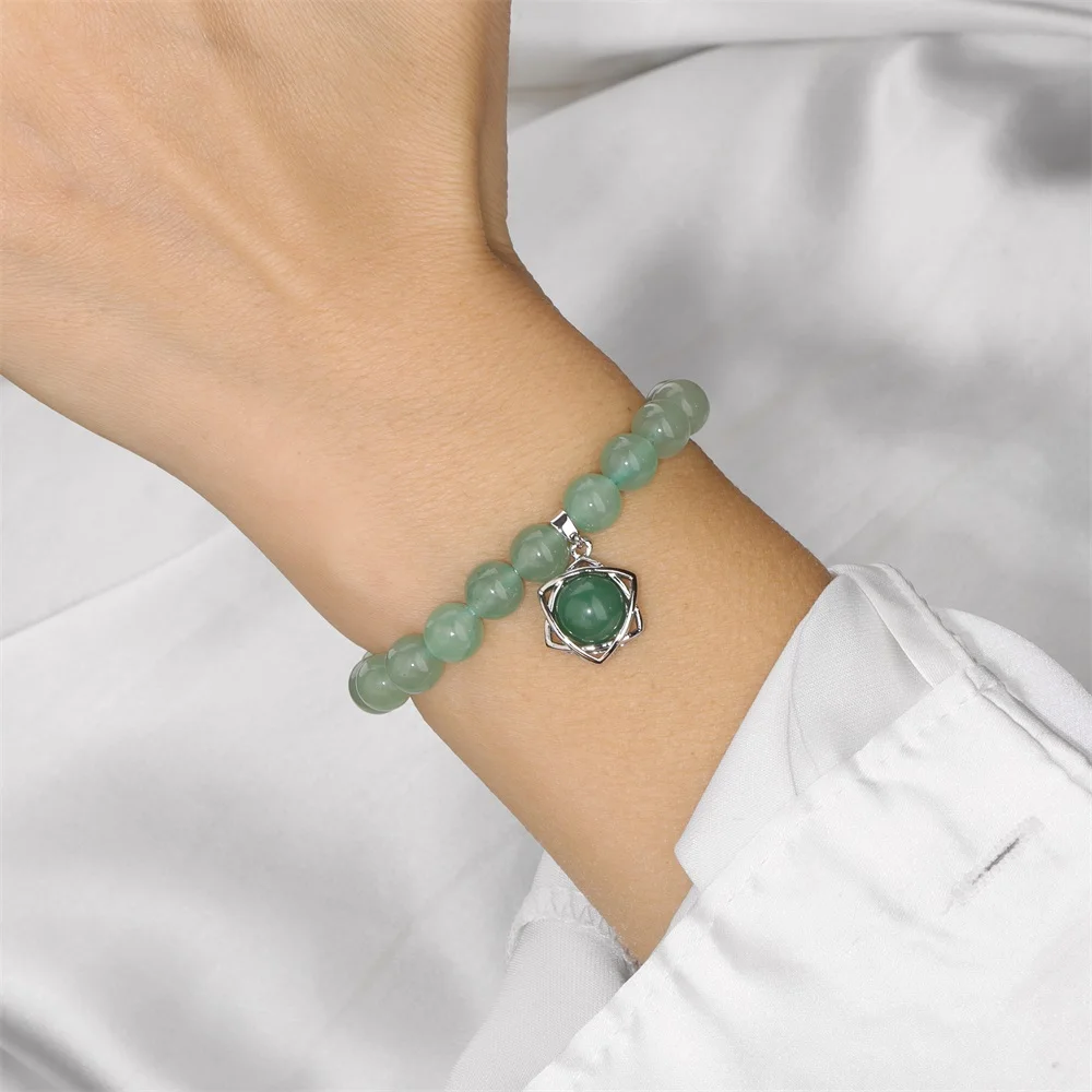 Natrual Stone Hexagram Charm Bracelet Green Aventurine Rose Quartzs Indian Agates Beads Elastic Bracelets for Women Men Jewelry