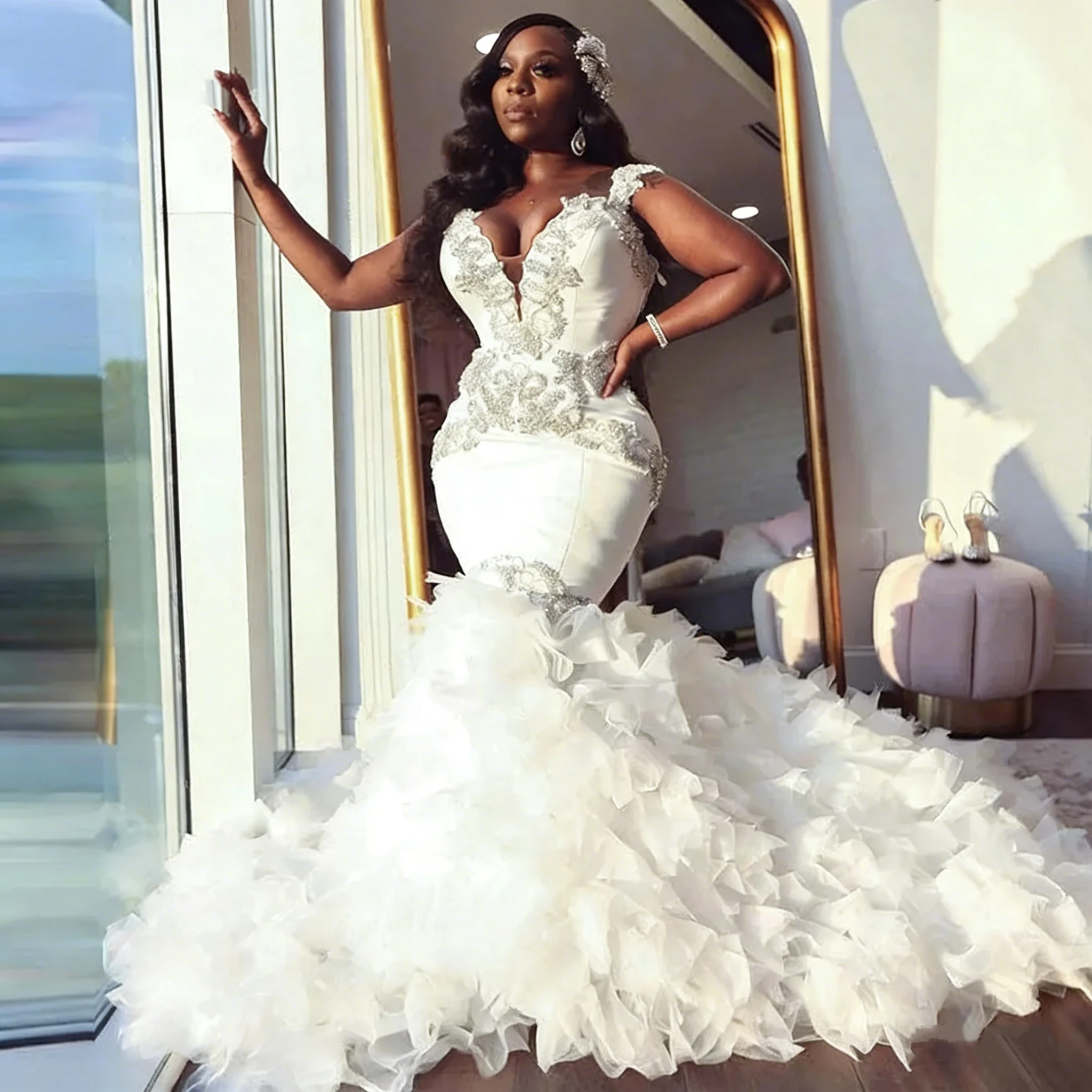 Luxury Plus Size African Wedding Dress Satin Ruffle Layered Mermaid Bridal Dress Sleeveless Beaded Wedding Dress Customized