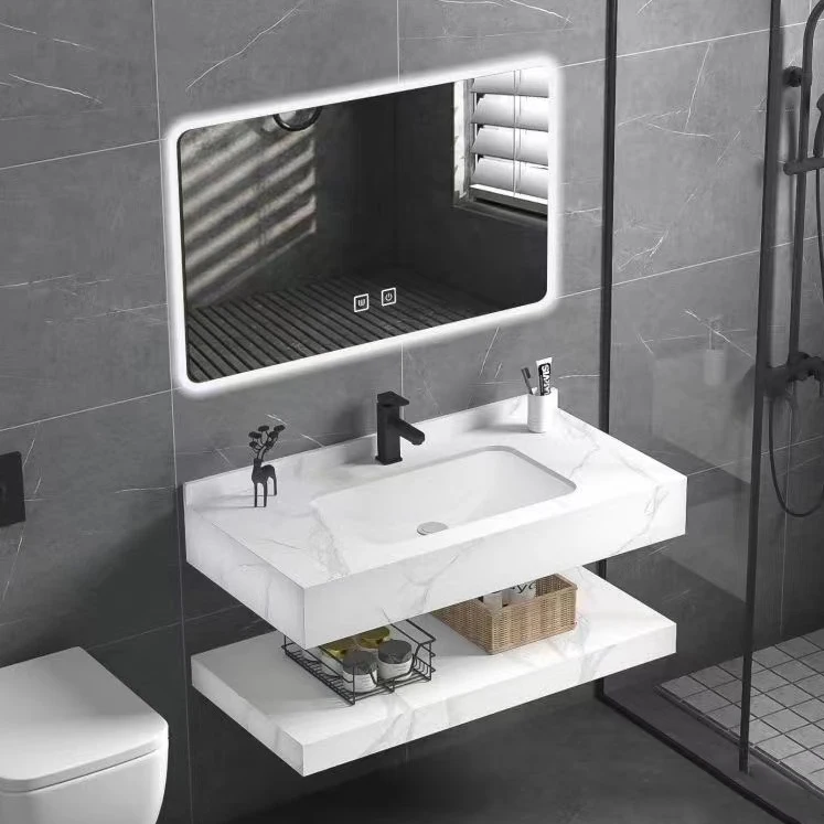 White Fashion Modern Floating Marble Countertop Vanity Stone Bathroom Cabinets Vanities With Slab Basin  With Light Mirrorpromot