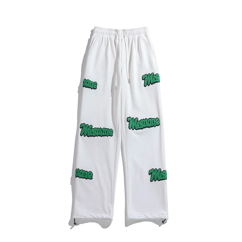 

Autumn New Flocking Embroidery Sweatpants High Street Wide-leg Casual Pants Men Women Hip Hop Drawstring Trousers Black/White