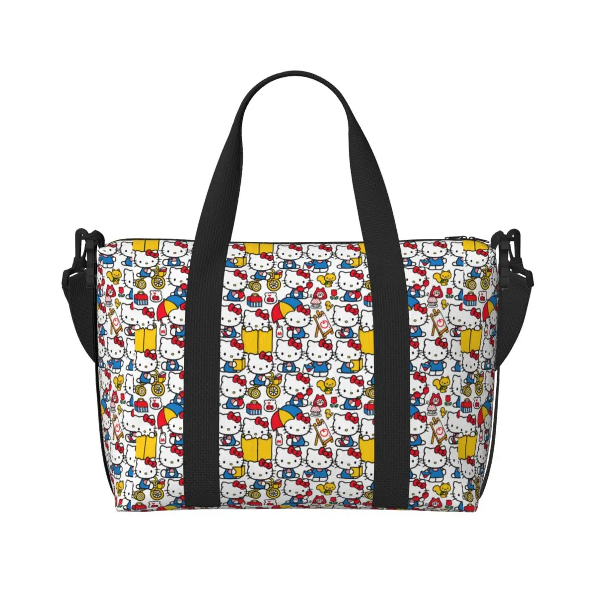 

Custom Anime Kitty Cat Pattern Beach Tote Bag for Women Manga Cartoon Large Compartment Gym Beach Travel Bags