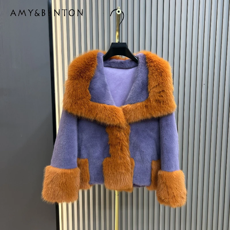 

Korean Style Color Block Faux Fur Short Coat Age-Reducing Thickened One-Piece Furry Jacket Ladies Autumn Winter New Woolen Coats