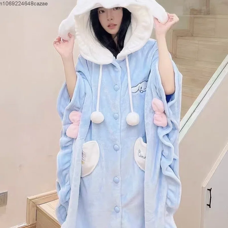 Sanrio Cinnamoroll New Nightwear Hooded Home Soft Plush Cloak Women Cute Pajamas Shawl Robes Pants Y2k Flannel Sleepwear Suit