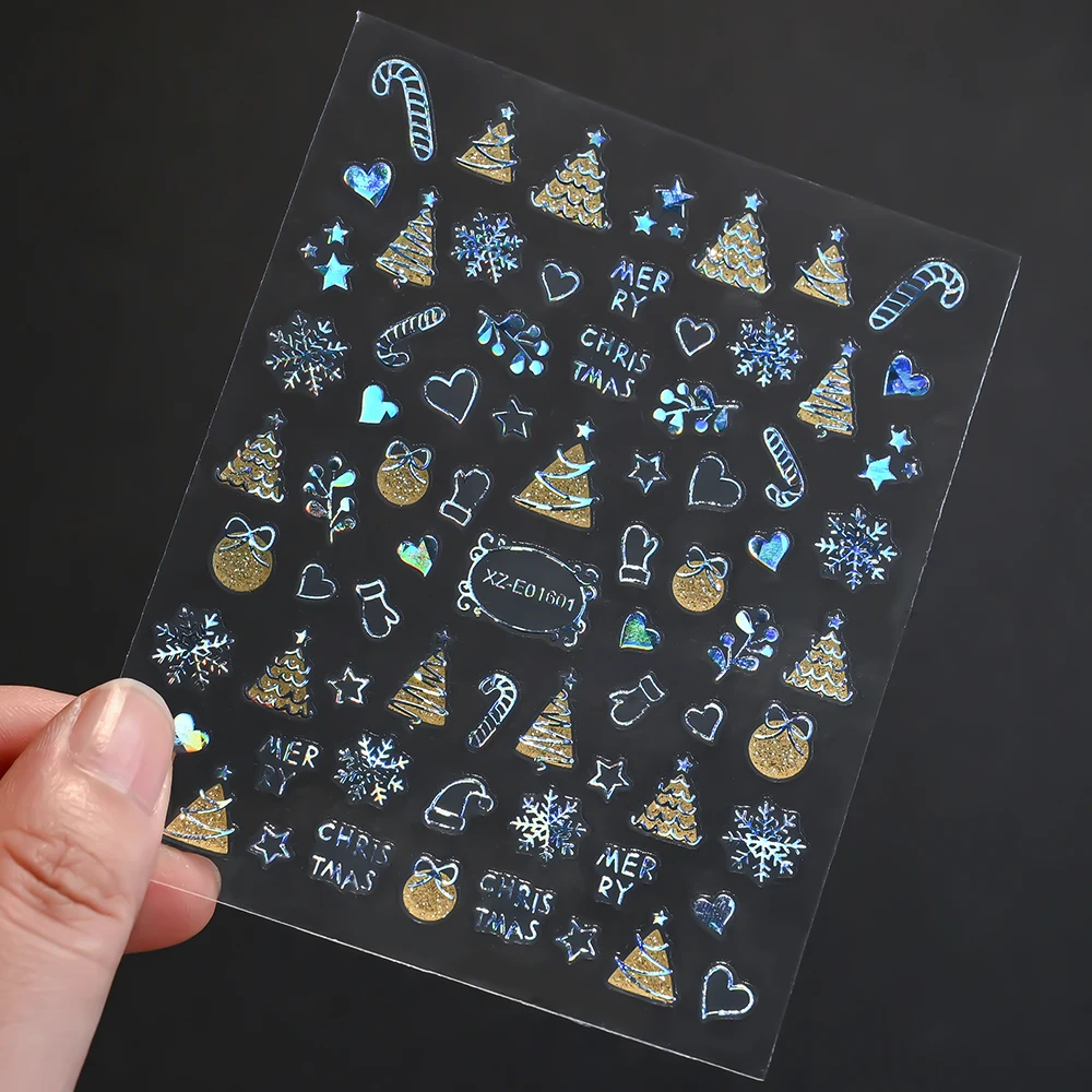 12Pcs 3D Weihnachten Nagel Aufkleber Reflektierende Glitter Weihnachten Baum Lebkuchen Schneeflocken Elch Klebe Aufkleber Neue Jahr Winter Slider