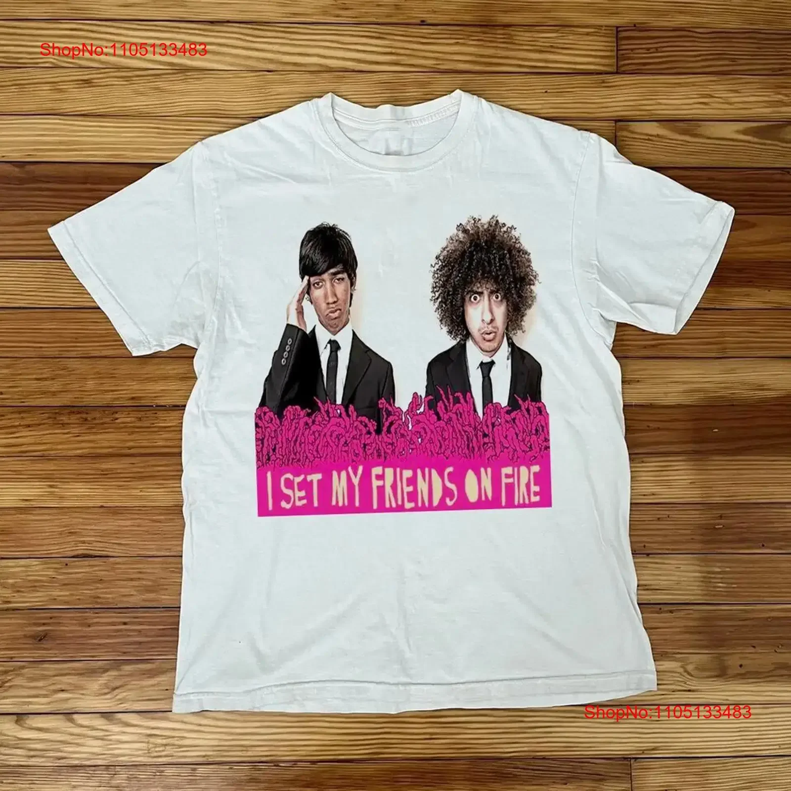 تي شيرت I Set My Friends On Fire Band أبيض بجميع المقاسات AR85 عتيق مغسول وممتد ملابس الشارع قابلة للتنفس للجنسين كاجوال ناعمة