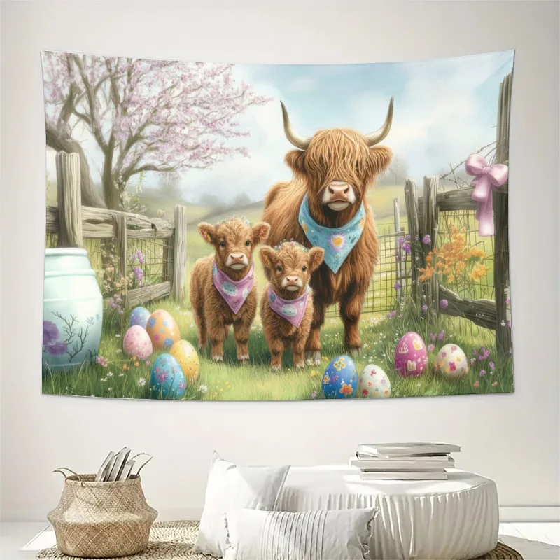Cute Cow Calf Spring Farm Tapestry Wall Hanging Whimsical Animal Nursery Decor Rustic Cottagecore Art Print for Home Decoration