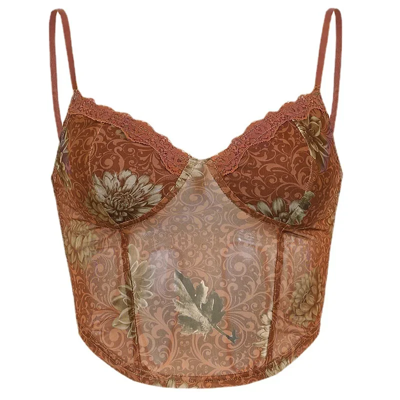 Floral Print Vintage Aesthetic Mesh Camisole Women Brown Cute Y2K Crop Top