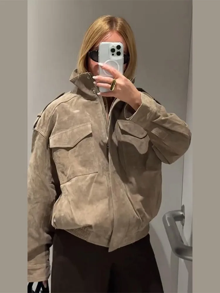 

Vintage Suede Bomber Jacket For Women Casual Loose Stand Collar Zipper Pockets Long Sleeve Coat 2025 Autumn Winter High Street