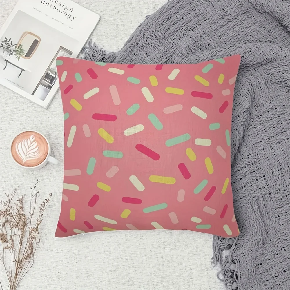 1pc, Linen Pink Donut Pillowcase, Ice Cream Top with Chocolate Decoration, Colorful Pillowcase, Sofa Cushion Cover for Bedroom Sofa Home Décor, Single-Sided Printing, No Pillow Core