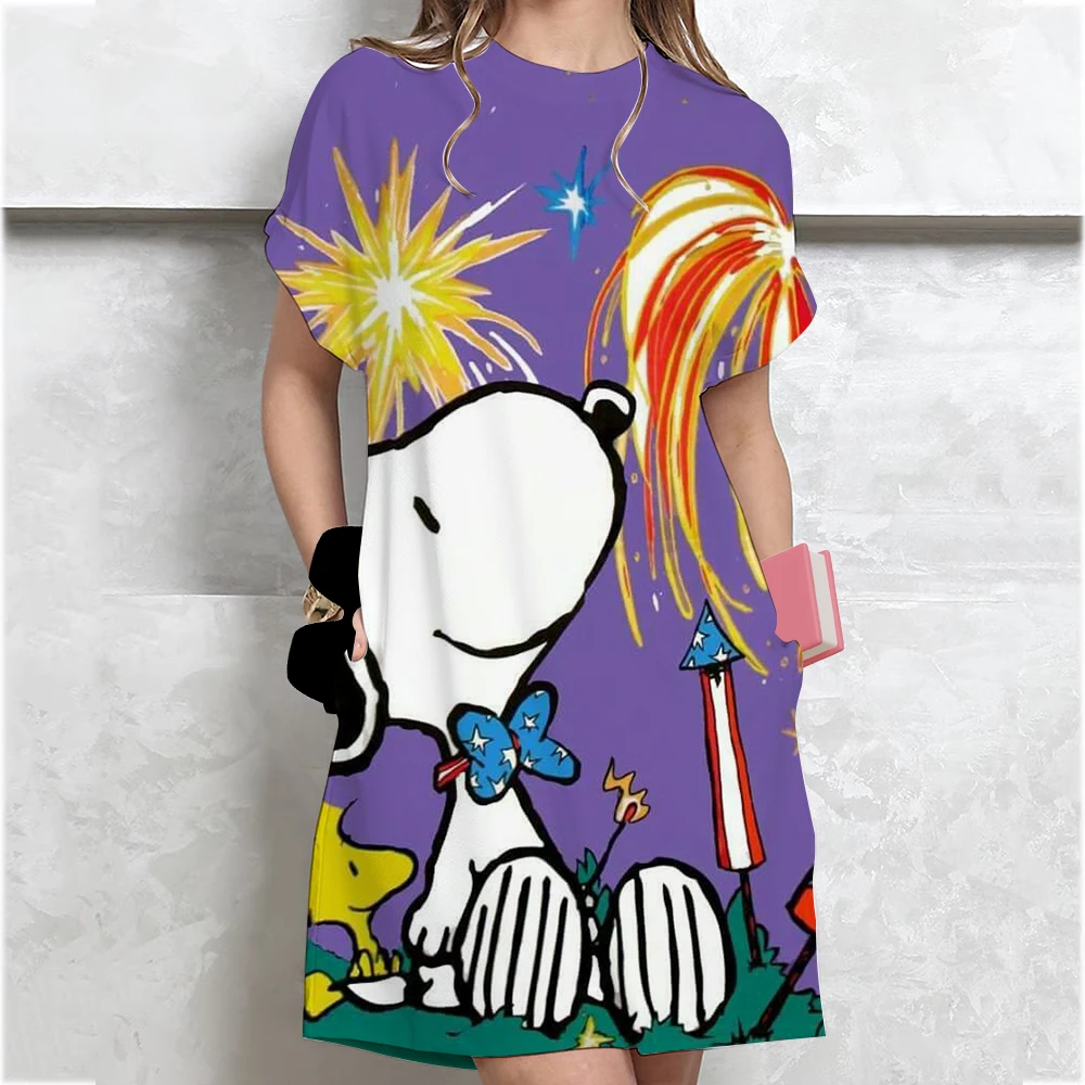 Women's summer casual Snoopy print loose size round neck short sleeved T-shirt dress New Fashion Printed Round