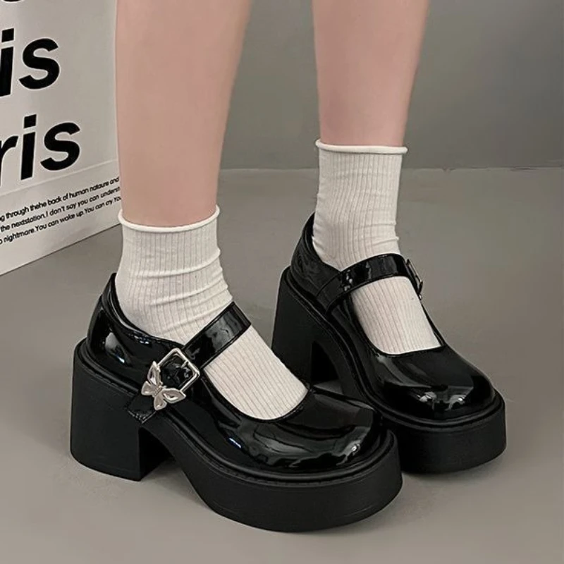 

British Style Mary Jane 2025 New Black Thick Sole Platform High Heel Shoes with Butterfly Fashion Footwear for Women