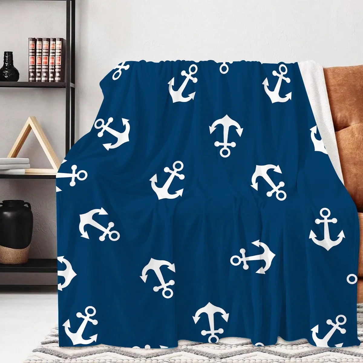 1pc Fashion Blue Anchor Print Blanket, Modern Style Blanket, Outdoor Blanket, Travel Camping Blanket, Soft and Comfortable Blank