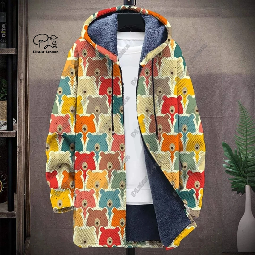 New 3D printing retro abstract art multi-color winter hooded zipper coat men's women's fleece universal casual warm jacket D-11