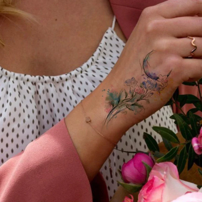 Watercolor Flower Moon Leaves Waterproof Temporary Tattoo Sticker Colorful Tatto Body Art Neck Arm Foot Girl Women Fake Tatoo